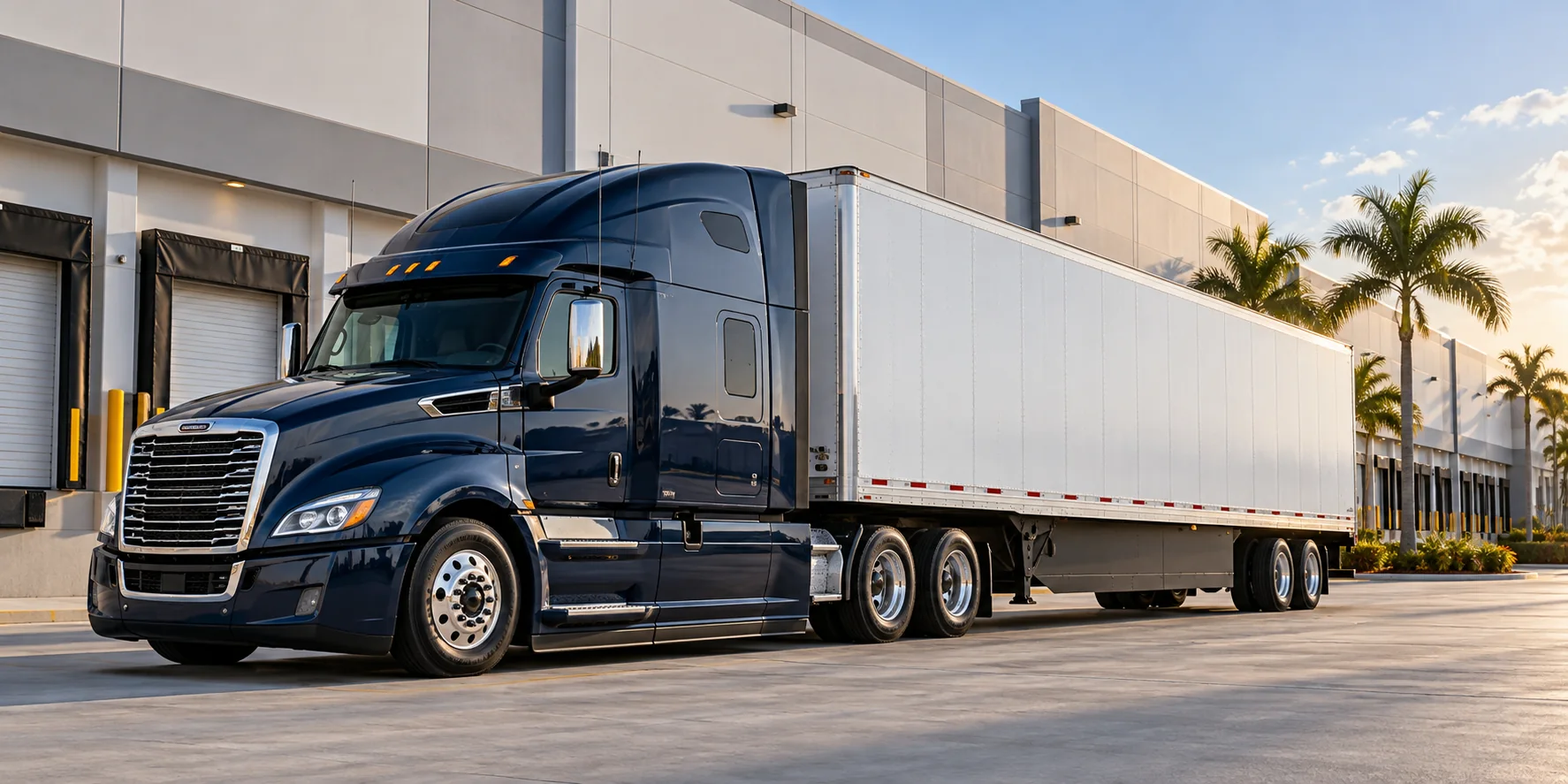 American semi-truck beside a logistics warehouse